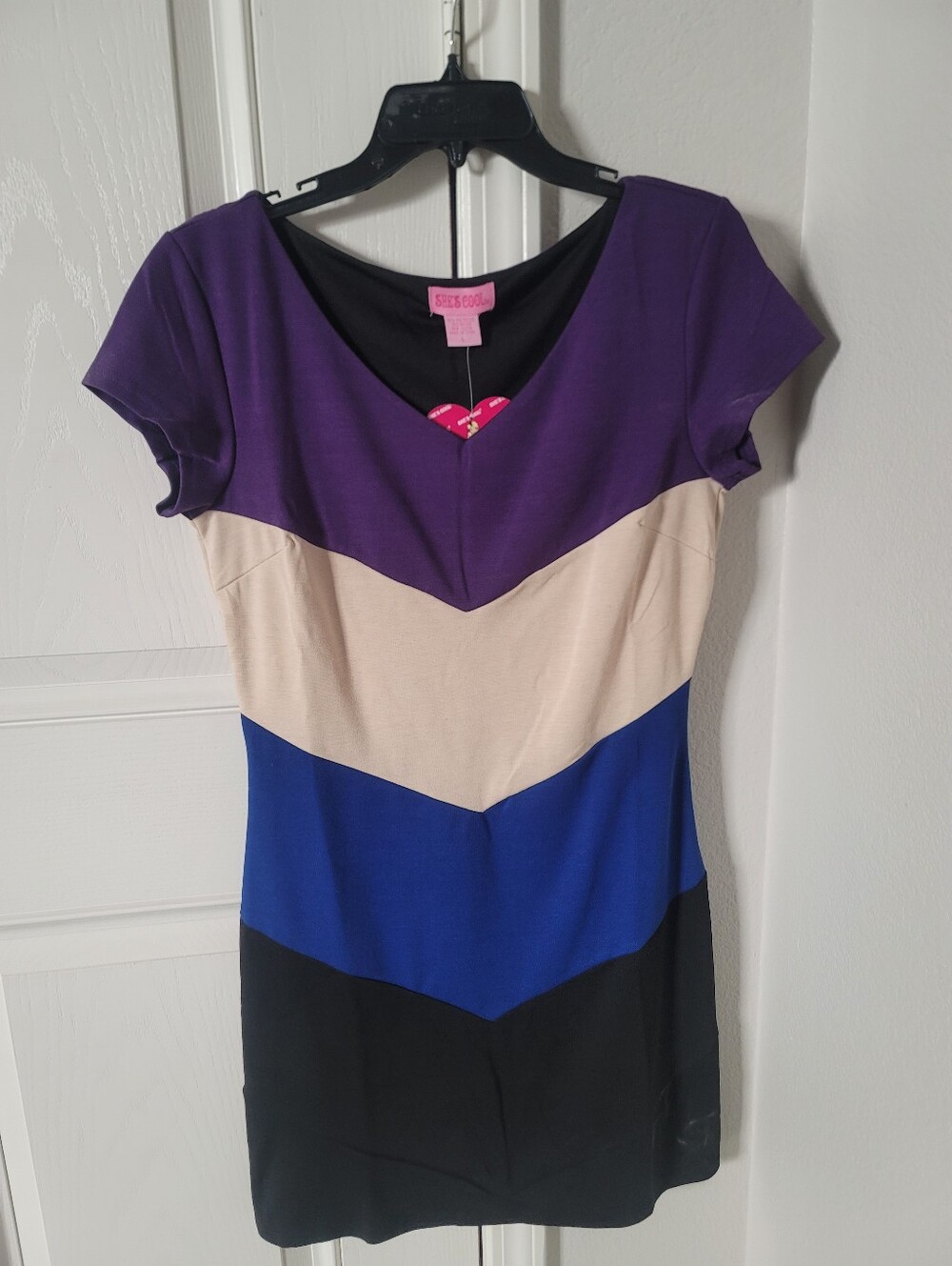 She's Cool Purple, Cream, Blue & Black Colorblock Scoop Dress